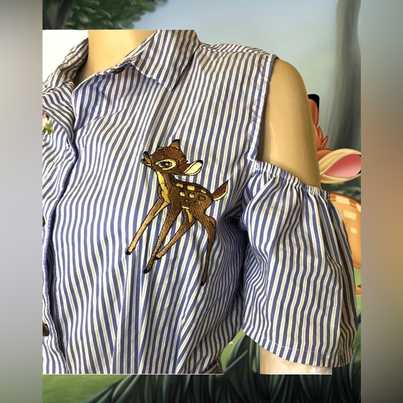 Disney Bambi Embroidered Cold Shoulder Shirt Dress ,Tie Waist Size Small 8-10 - Picture 6 of 10